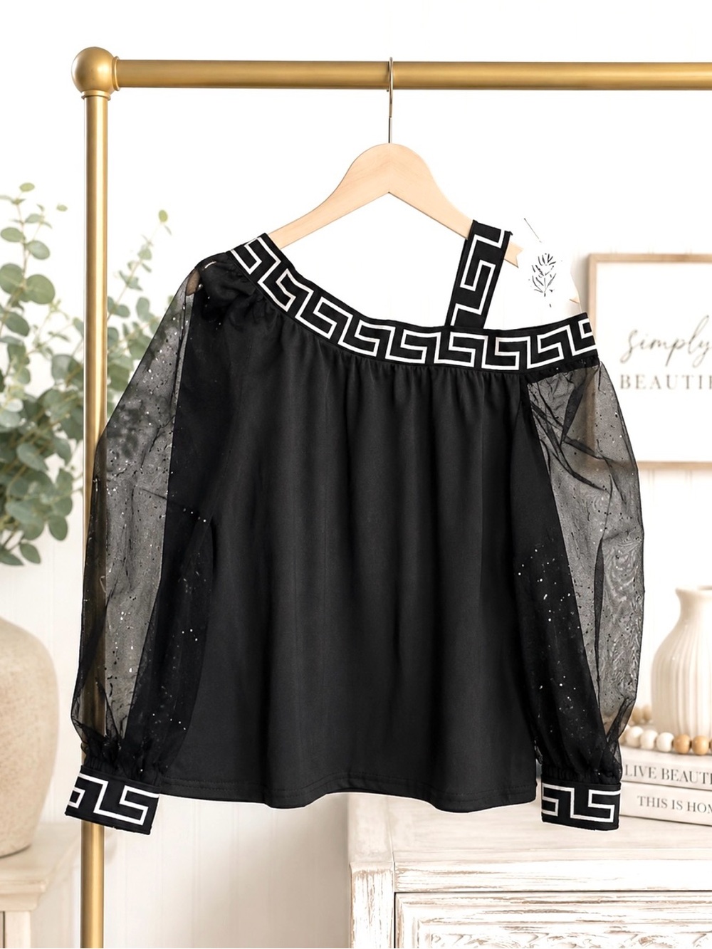 Black Grecian Inspired long sleeve top, sheer with Gold Flecks